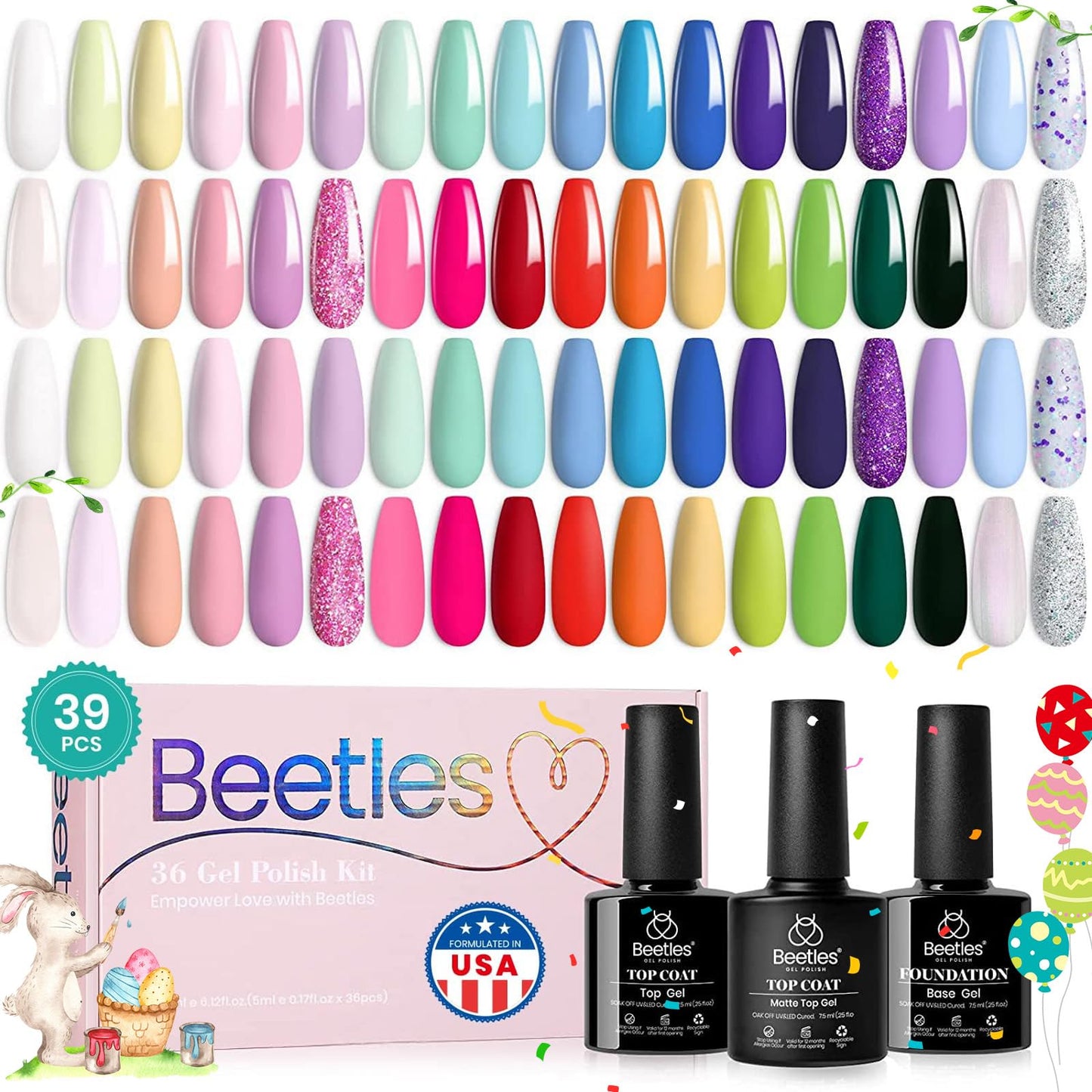 Beetles Gel Nail Kit Easy Nail Extension Set with 500Pcs and Nail Polish Kit Trendy Colors,36 Colors with 3pcs