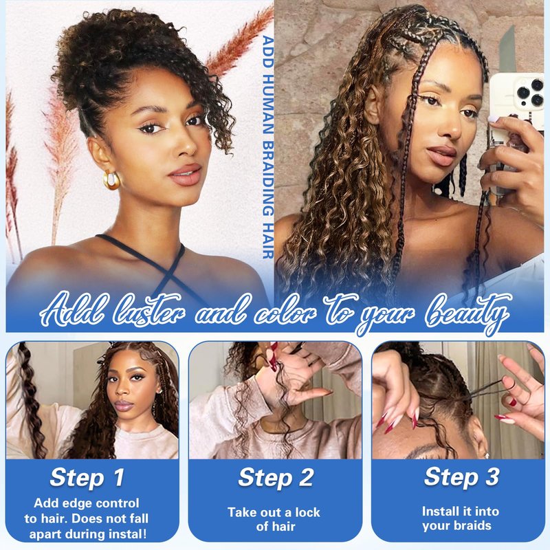 Human Braiding Hair for Boho Braids 14Inch 120g 12A Deep Water Wave Braiding Hair for Curly Boho Hair Braiding Knotless Bulk Bohemian Natural Black