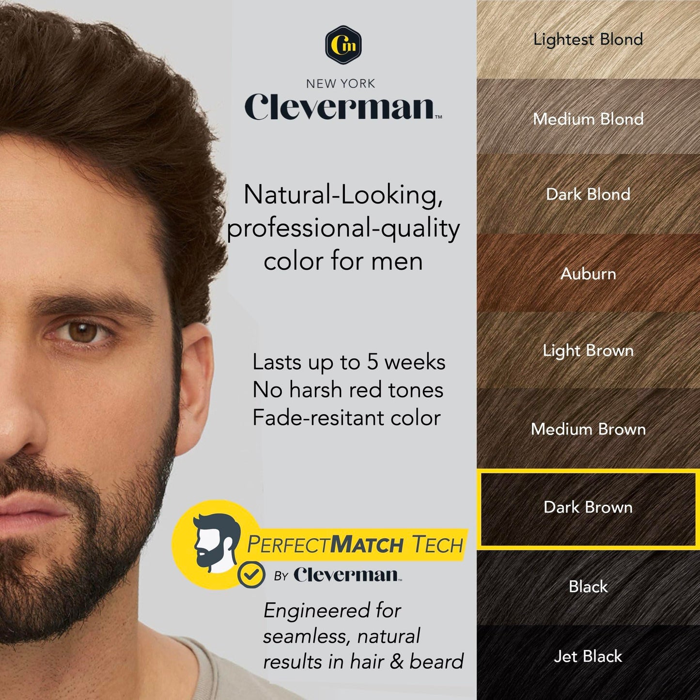 2X Reusable Hair & Beard Dye for Men – Dark Brown 3.1 | Up to 10 Uses, 7 Minutes | Natural Gray Coverage, No-Drip Cream with SkinArmour® – Cleverman