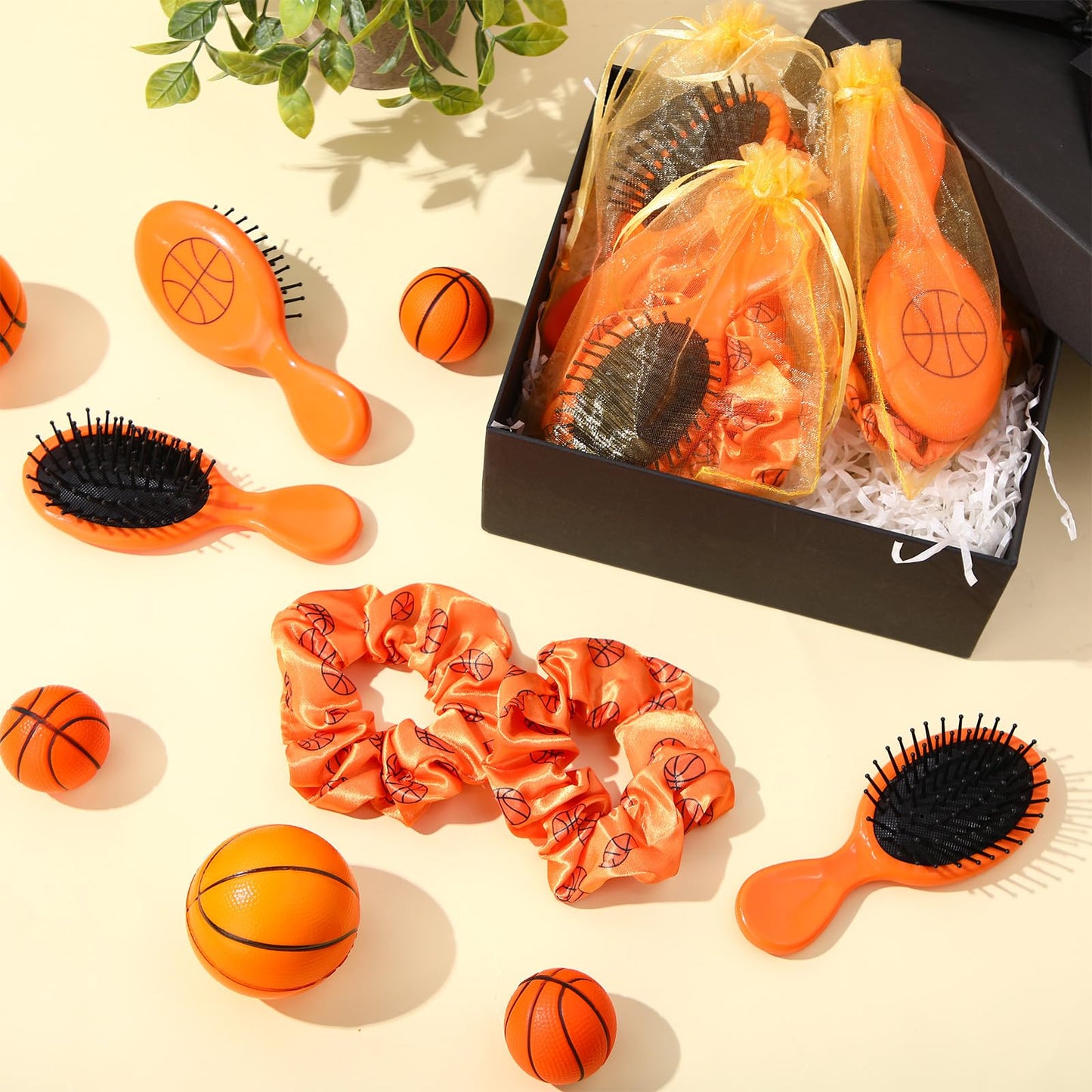 FineCheer 12 Sets Basketball Hair Ties and Hairbrushes Basketball Hair Scrunchie Mini Detangler Brush Sports Elastic Ponytail Holders Sports Party Favors Gift for Teams Women Girls Athlete