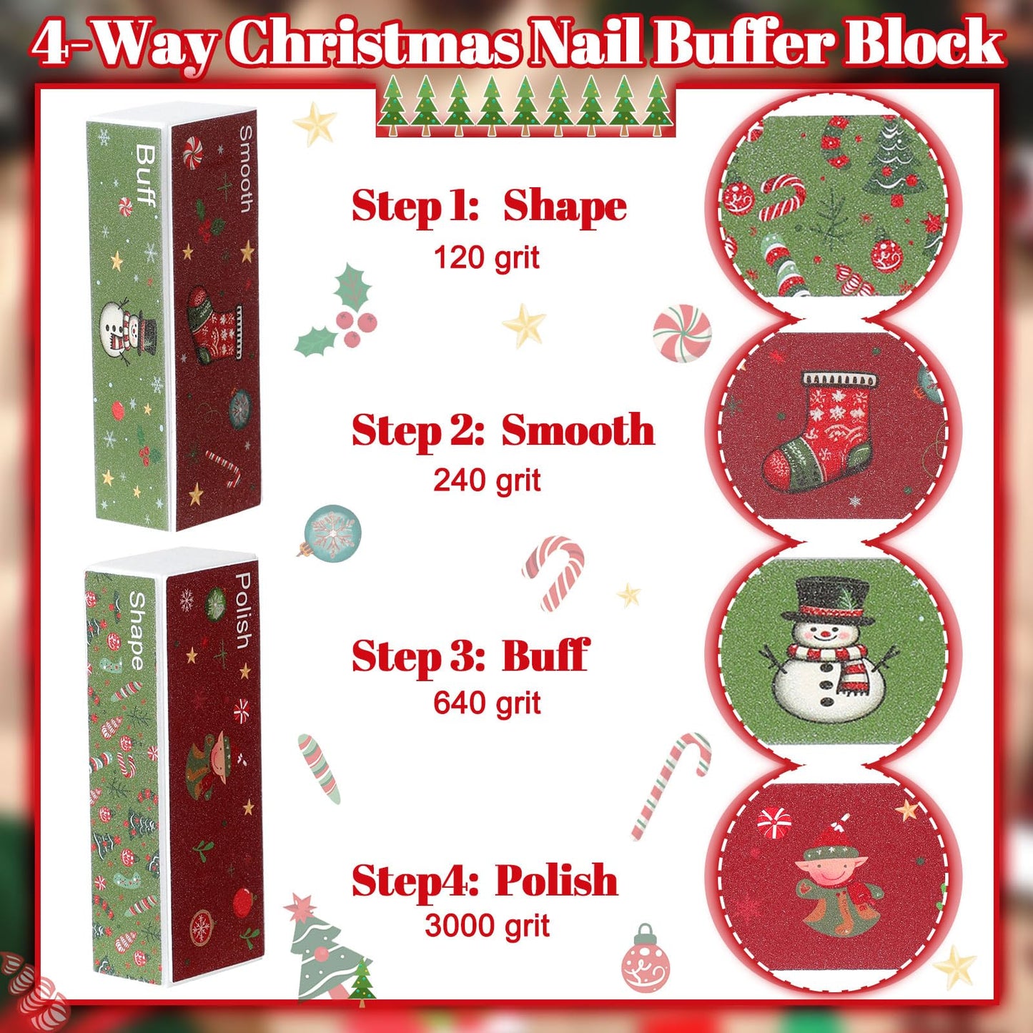 FoldTier 50 Pcs Christmas Nail Buffer Blocks Gifts Bulk Xmas Tree Snowman 4 Way Nail Buffer Files for Natural Acrylic Nails Xmas Party Stocking Stuffers Gifts for Women Customers Coworkers Staff