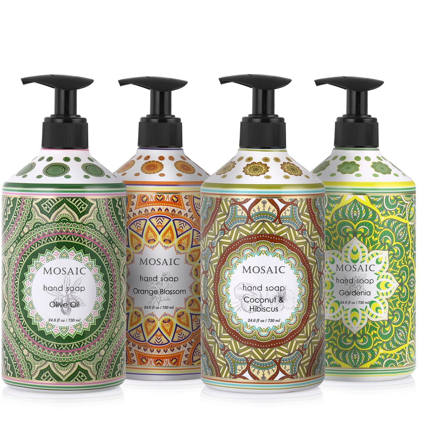 Mosaic Liquid Hand Soap / Hand Wash Gift Set, Ideal for Bathroom and Kitchen Hand Soap Set , Olive Oil + Coconut & Hibiscus + Gardenia + Orange Blossom, 4 x 24.6 fl oz Each Liquid Soap Bottle
