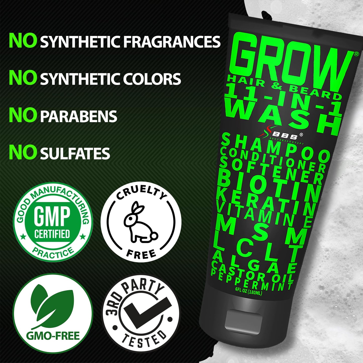 Beard Wash Shampoo & Conditioner 11-in-1 – GROW Hair & Beard Growth Wash with Biotin, Castor Oil, Peppermint & Keratin – Supports Thicker Hair & Beard Growth