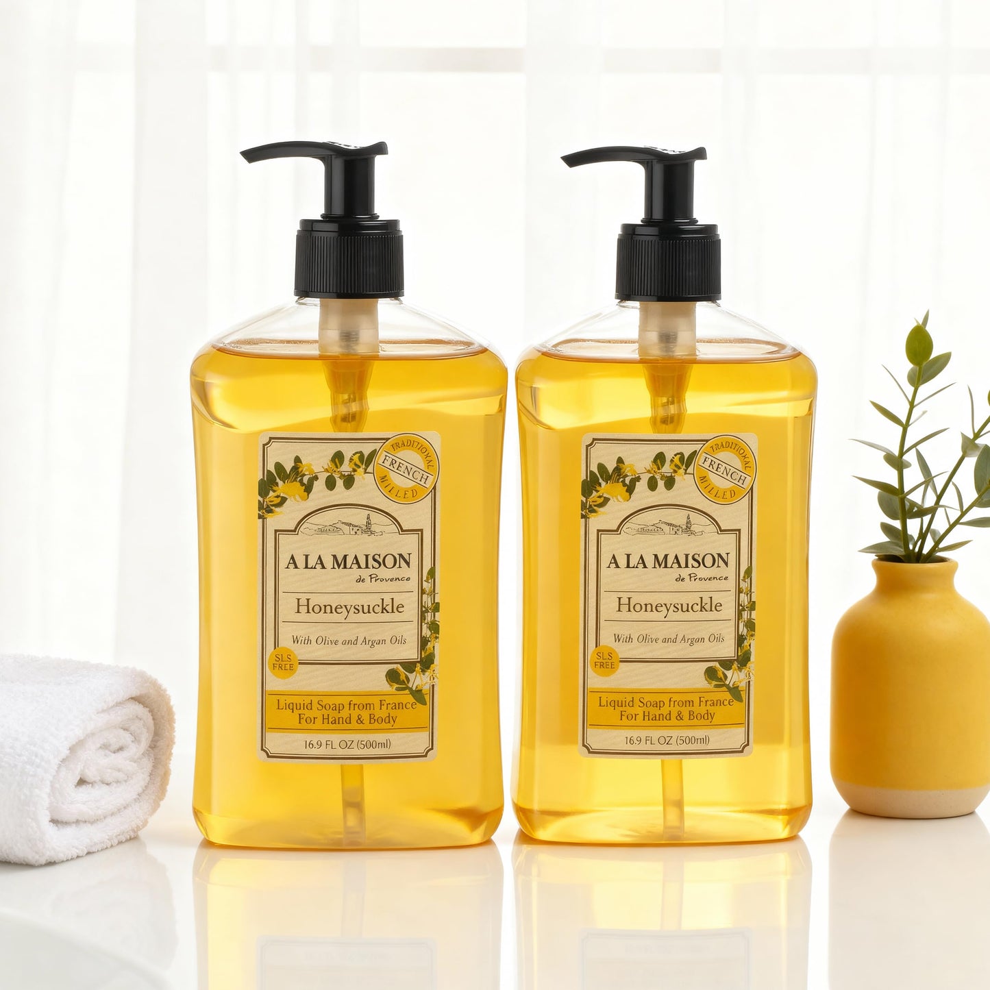A LA MAISON Honeysuckle French Liquid Hand Soap - Natural Hand Wash Made with Essential Oils - Biodegradable, Plant-Based, Vegan, Cruelty-Free, Alcohol & Paraben Free (16.9 oz, 2 Pack)