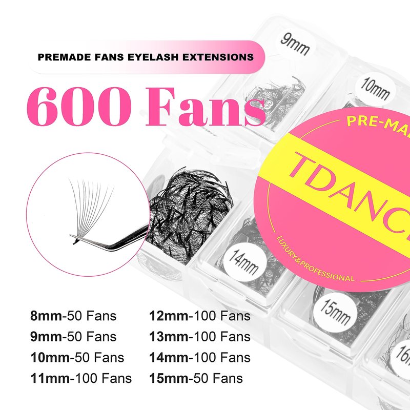 TDANCE 600 Fans Premade Fans Eyelash Extensions Natural & Volume Mixed Length Premade Lash Fans 5D-24D Handmade Promades Eyelash Fans C/D Curl Loose Fans(600-12D-0.03-C-8-15mm)