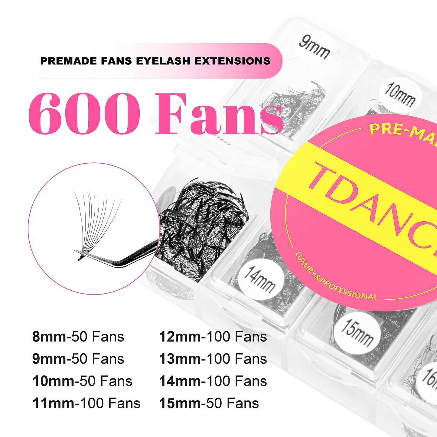 TDANCE 600 Fans Premade Fans Eyelash Extensions Natural & Volume Mixed Length Premade Lash Fans 5D-24D Handmade Promades Eyelash Fans C/D Curl Loose Fans(600-12D-0.03-C-8-15mm)