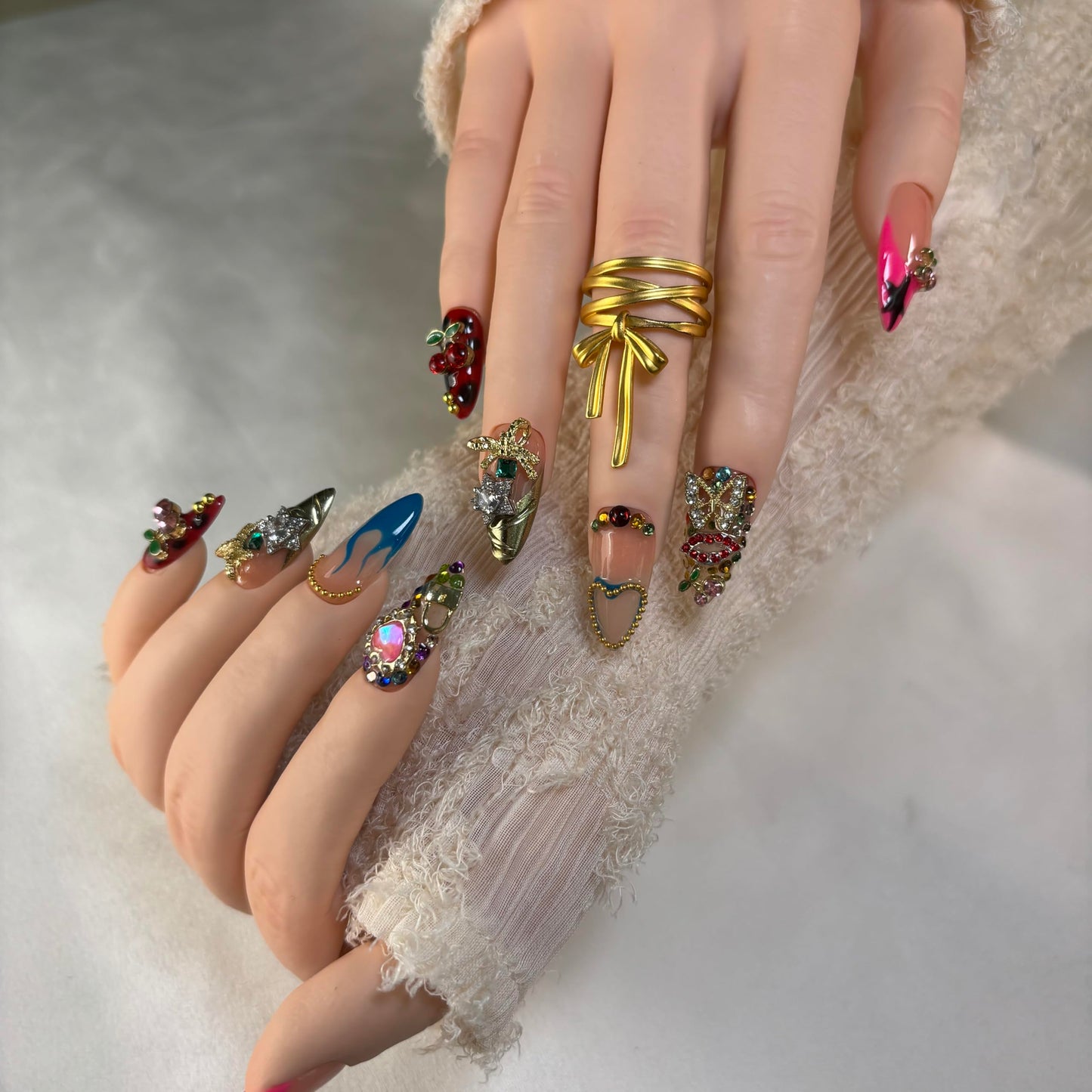 Handmade Press on Nails Almond,3d Heart Stars, Flames,Cherry Motifs Charms,Pink Nails for women,Fake nails with design,S