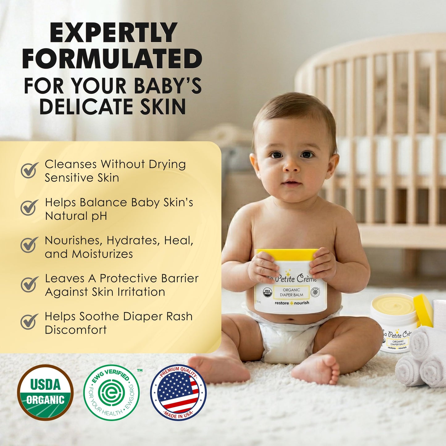 La Petite Creme French Organic Diaper Balm (1 oz) - Healing & Nourishing Diaper Cream - Gentle & Safe Liniment Baby Lotion - USDA Certified Organic - Baby Essentials for Newborn