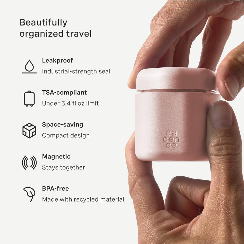 Cadence Travel Containers - 2 Piece Haircare Set - Magnetic Travel Capsules - For Shampoo, Conditioner, Hair Styling Product - 1 Small & 1 Medium Capsule - Shampoo & Conditioner Labels - Petal