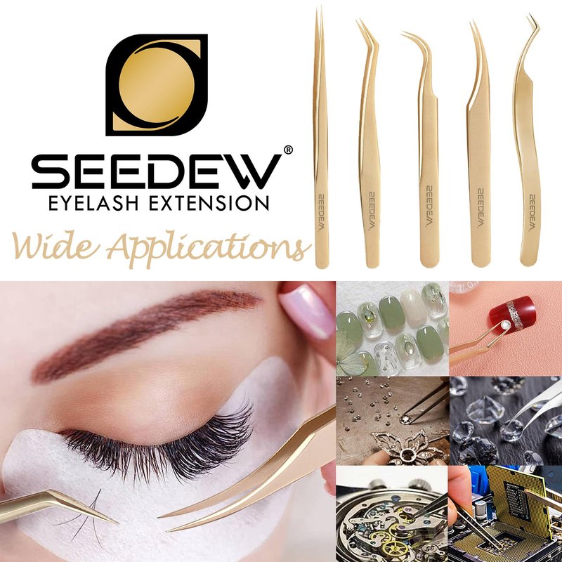 SEEDEW Tweezers Box Set, 5 PCS Isolation Pointy Precision Professional Stainless Tweezers with a PU Storage Case, Organizer Kit for Eyelash Extension, Beginner Lash Tech, Crafts Repair(White, Golden)
