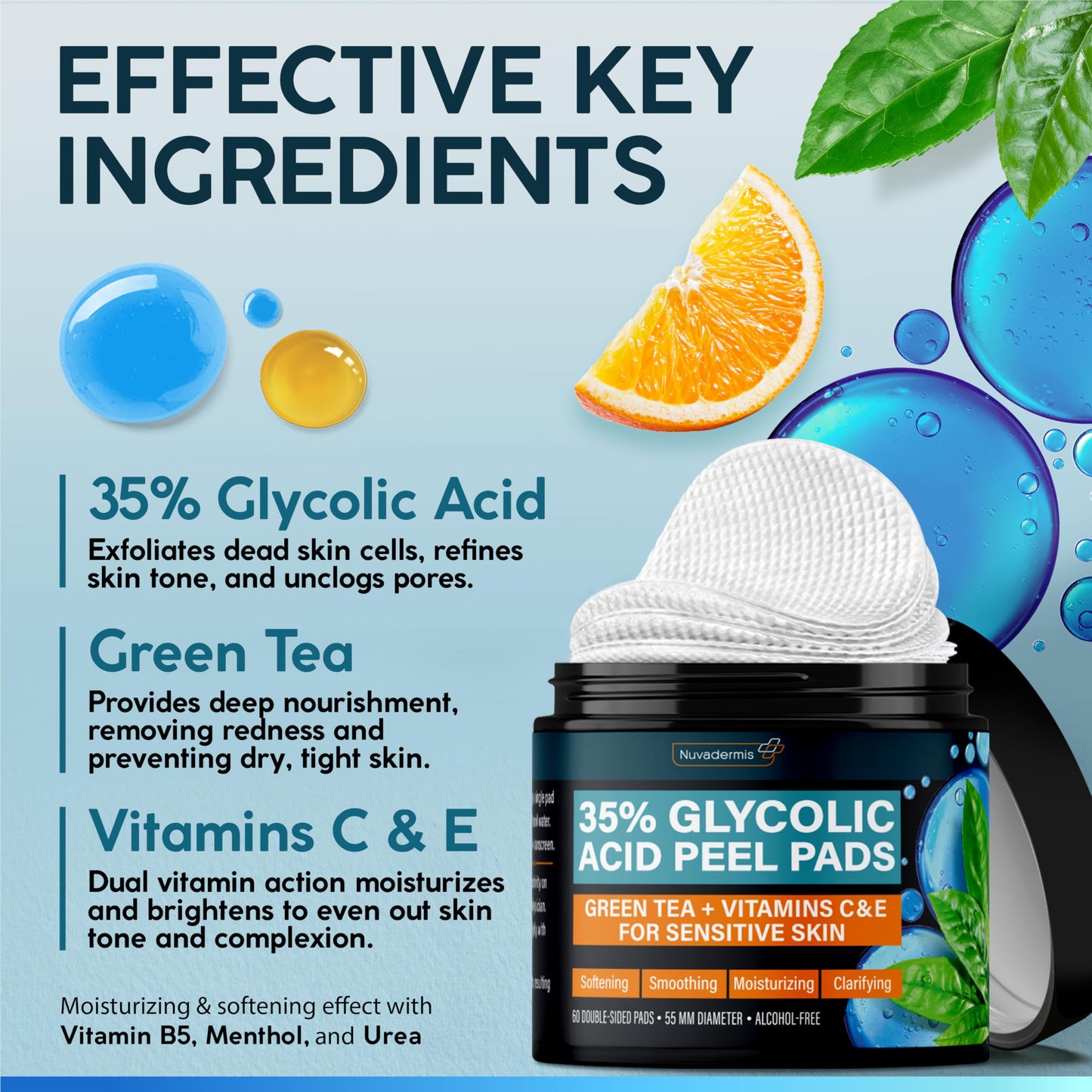 NUVADERMIS 35% Glycolic Acid Peel Pads – Exfoliating Facial Resurfacing for Blackheads, Dark Spots, and Acne – Safe for Sensitive Skin