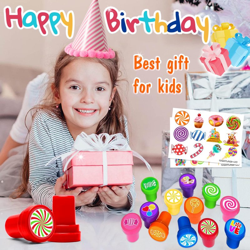 36PCS Candyland Party Favors - 24PCS Temporary Tattoos & 12PCS Stamps - Ideal Sweet Candy Themed Birthday Card Decorations Supplies Goodie Bag Cute Rewards for Boys Girls Classroom Gifts Baby Shower