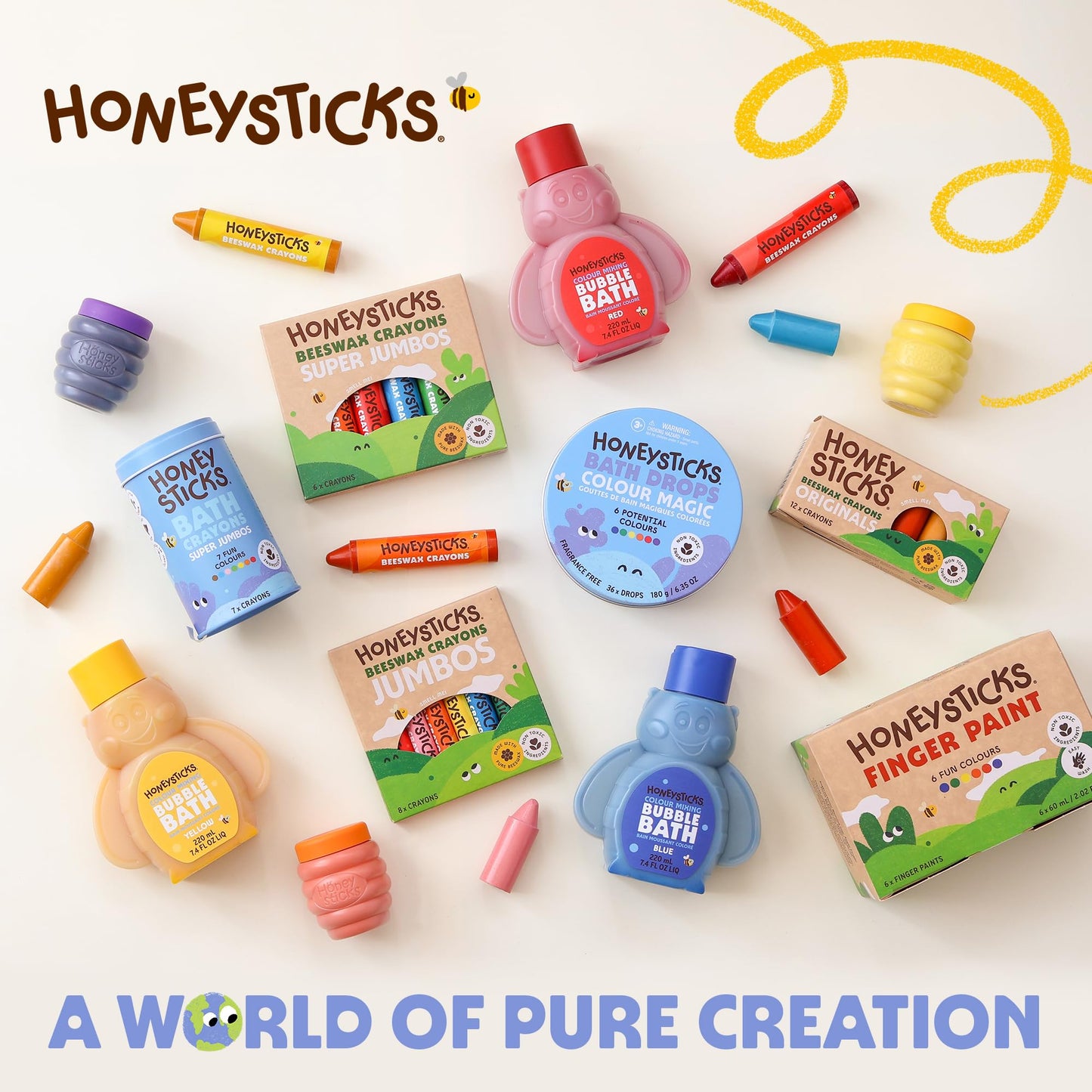 Honeysticks Kids Bubble Bath 3 Pk (Blue, Red, Yellow): Non-Toxic, Plant Based, Non Irritating - Changes Water Color and Creates Super Foaming Bath Bubbles - Safe for Toddlers 1-3, Kids 4-8, Bath Toys