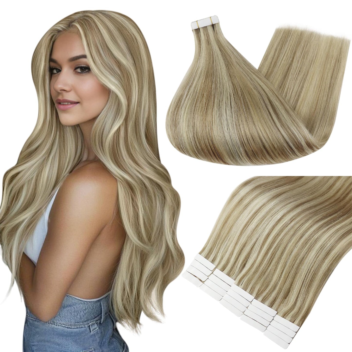 Full Shine Human Hair Extensions Tape in, Desert Blonde Mix 12 Inch