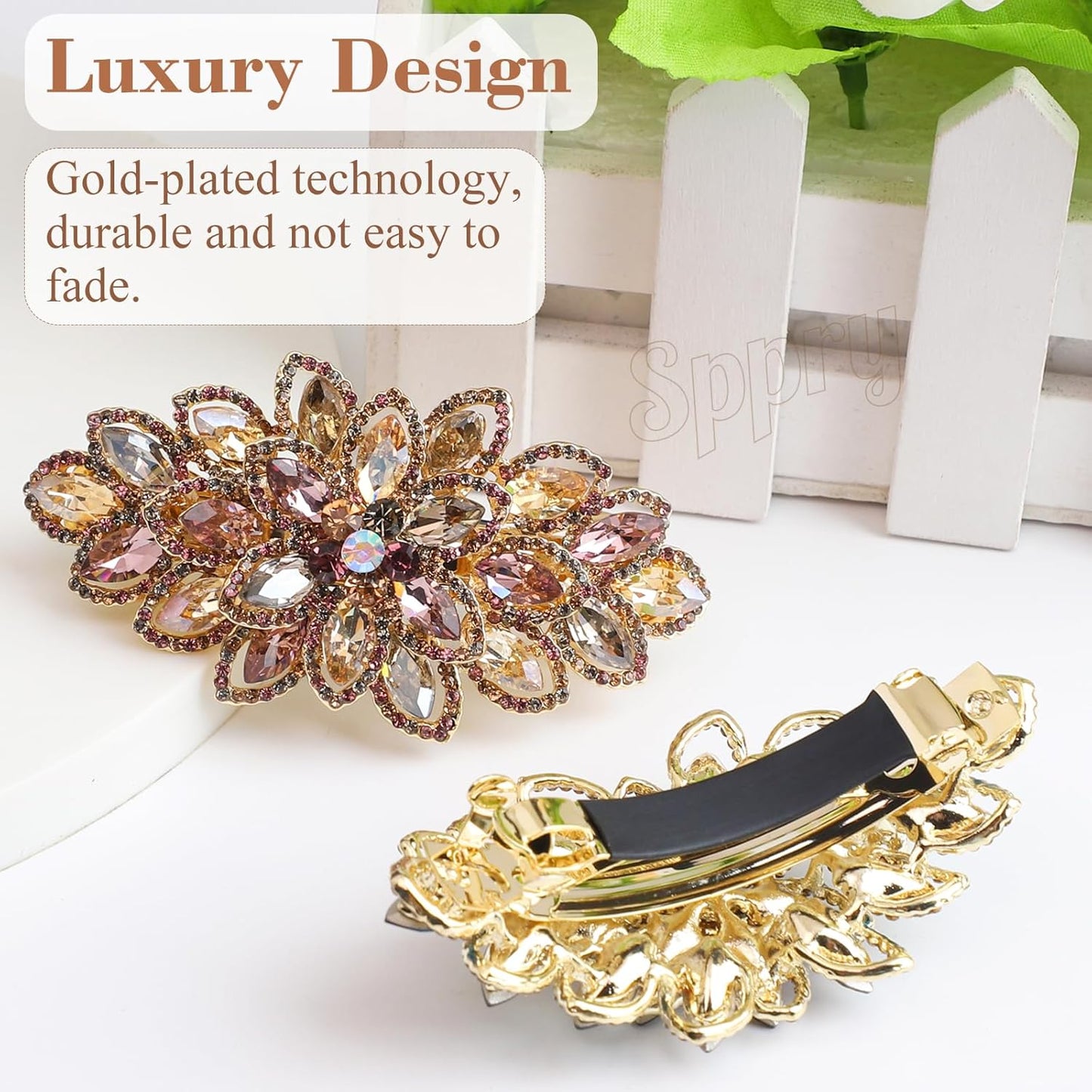 Rhinestone Hair Barrette - Luxury Gold-Plated Large Flower Design | Colorful Women's Hair Accessory