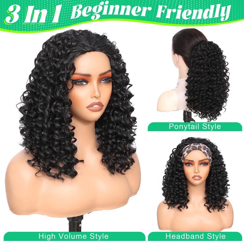 Qmaple Half Wig Synthetic Hair 3 In 1 Curly Half Wig With Adjustable Drawstring Seamless Flip For Beginner Friendly Water Wave For Black Women (Black 14 Inch)