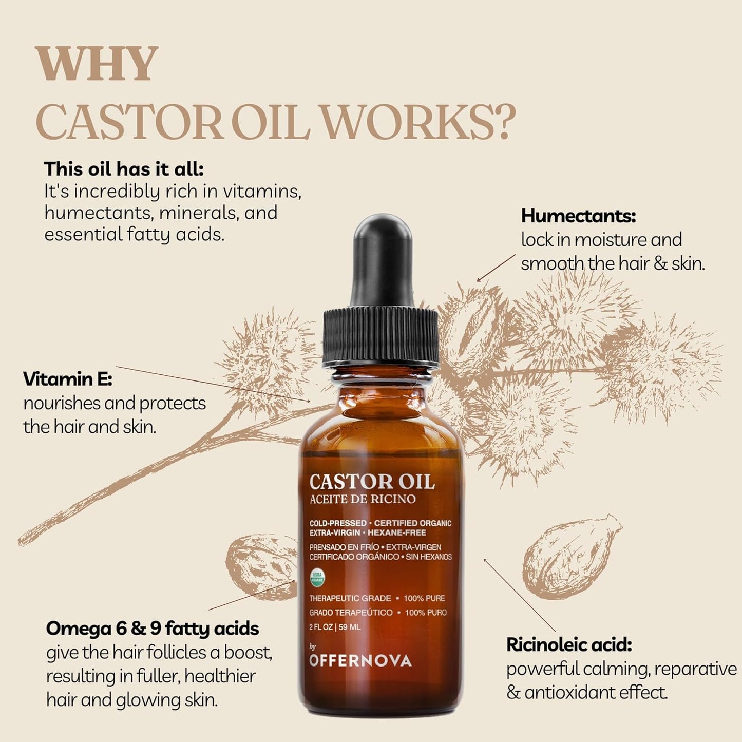 Organic Castor Oil - Pure Cold Pressed Eyelash Serum for Hair Growth | Thicker Eyebrows, Hexane Free