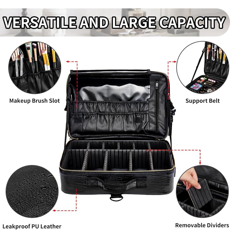 Large Capacity Travel Makeup Case Organizer - Waterproof PU Leather with Adjustable Dividers & Shoulder Strap | Perfect for Brushes & Jewelry