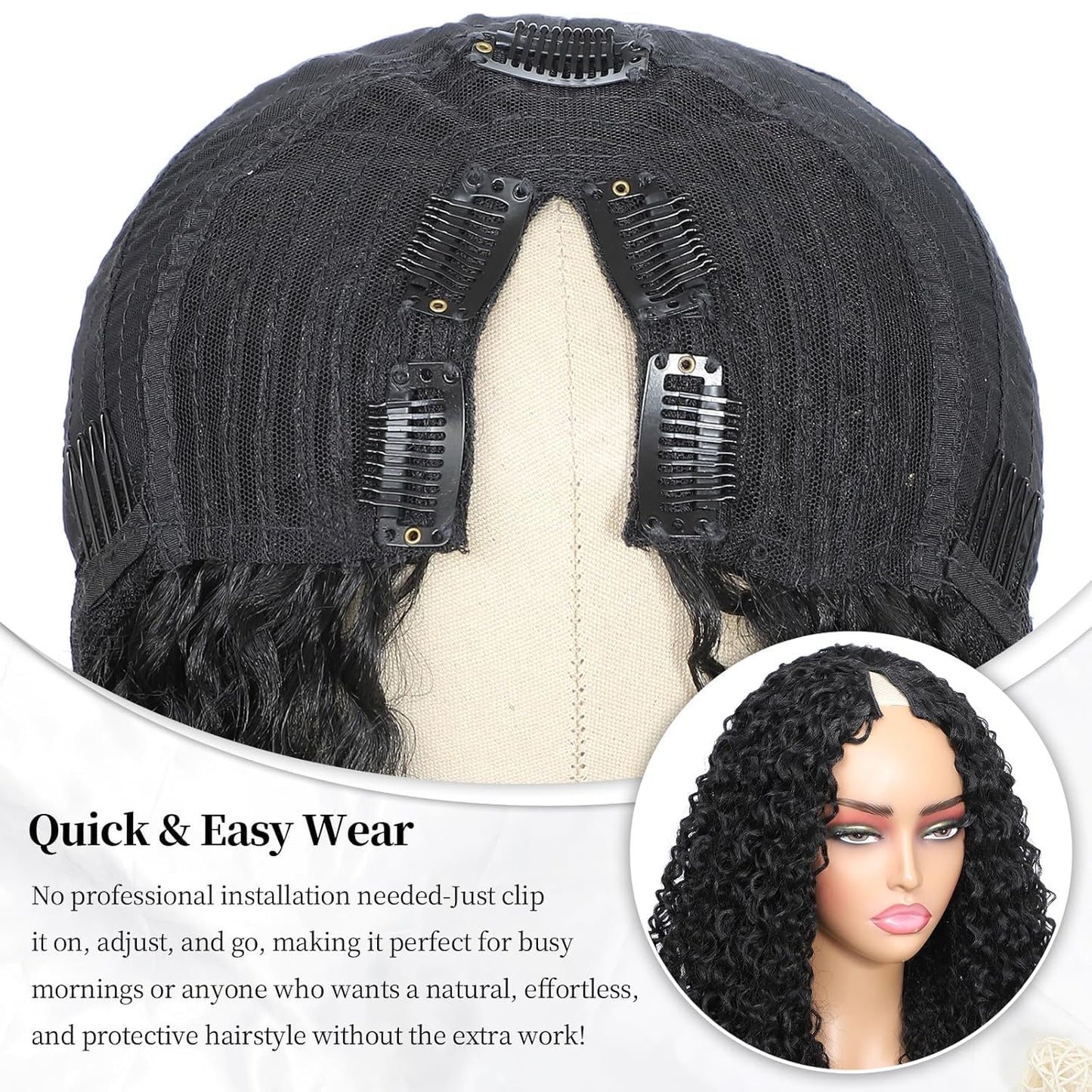 BDBDBD Curly V Part Wig Human Hair With Elastic Upgrade U Part Human Hair Wig No Leave Out V part Wig Curly 180% Density Begin ner Frie ndly No Gl ue No Sew In Natural Black COLOR 12 Inch