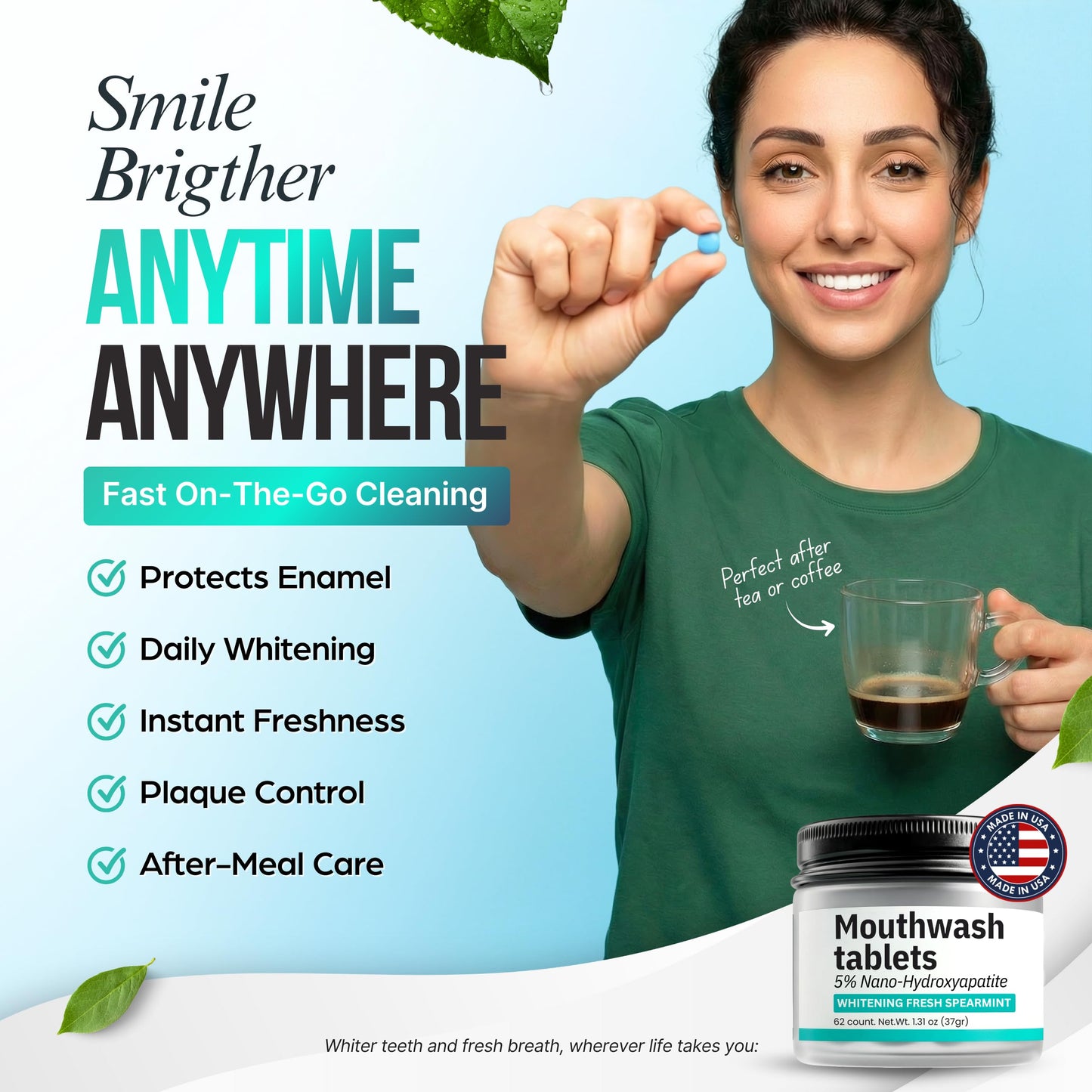 Mouthwash Tablets with Nano-Hydroxyapatite, Alcohol & Fluoride Free Natural Oral Care, Whitening Mouth Wash Tabs for Dry Mouth & Bad Breath. Travel-Friendly, Eco & SLS-Free