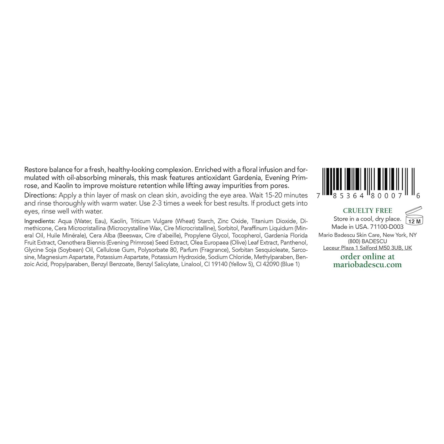 Mario Badescu Flower & Tonic Mask - Oil-Absorbing Face Mask for Combination & Oily Skin | 2 oz