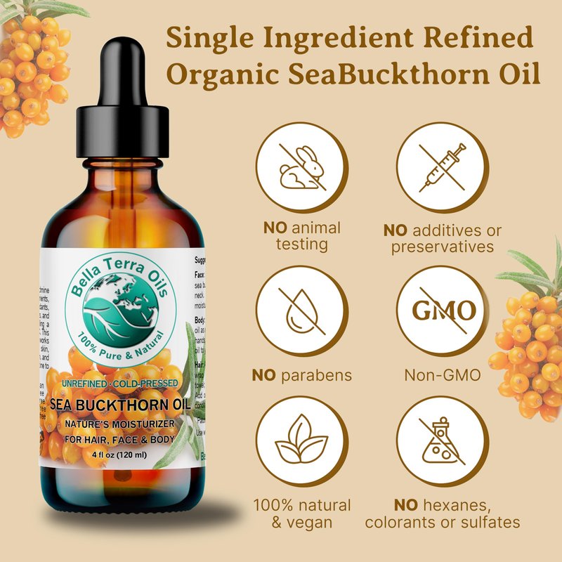 Bella Terra Oils - Sea Buckthorn Oil 16 oz - Capturing the Essence of Natural Sea Buckthorn Berries, Loaded with Omega-7 & Omega-9, A Sumptuous Embrace for Skin