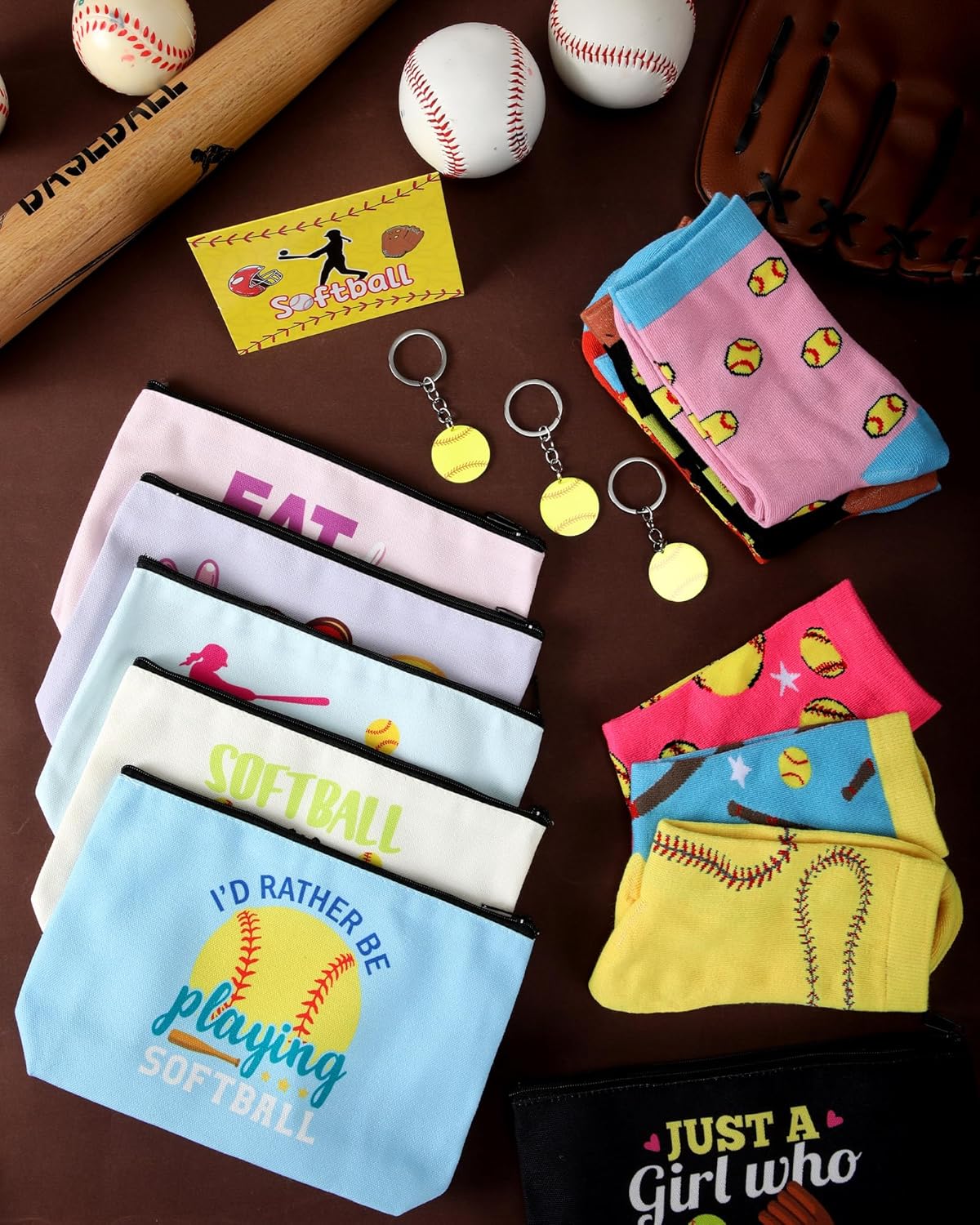 Softball Team Gifts Set - 48 Pcs for Women & Girls | Funny Makeup Bag, Novelty Socks, Keychains & Cards for Senior Night Party Favors