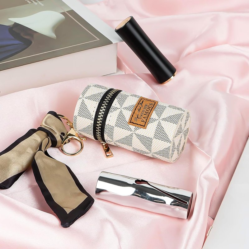 Lipstick Case Keychain - Vegan Leather Mini Lip Gloss Organizer Pouch with Scarf Charm | White, 1 Pack