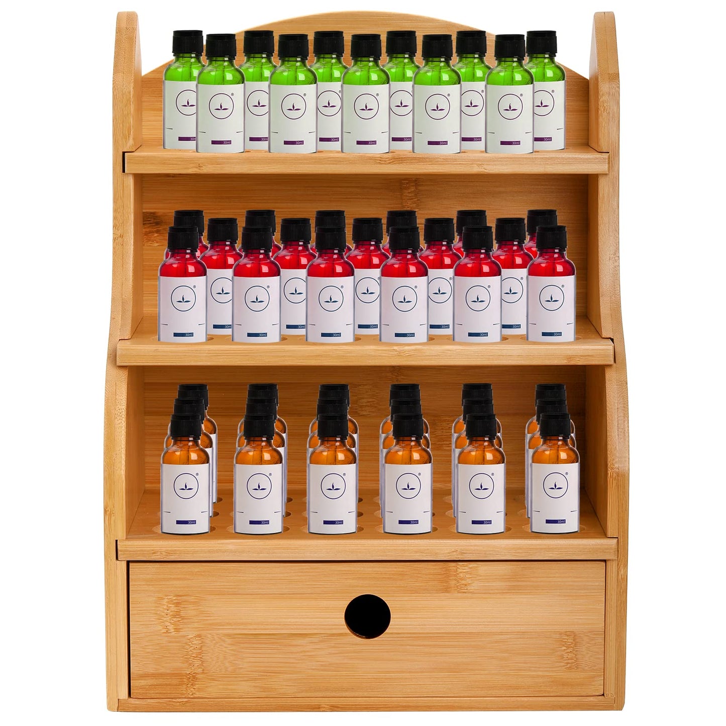 Dicunoy Essential Oils Storage Case, 46 Slots Nail Polish Shelf Display Rack with Drawer, Bamboo 3 Tiers Essential Oil Organizer Holds 10/15/20/30ml Bottles for Home, Cosmetic Shelf, Fairs, Shop