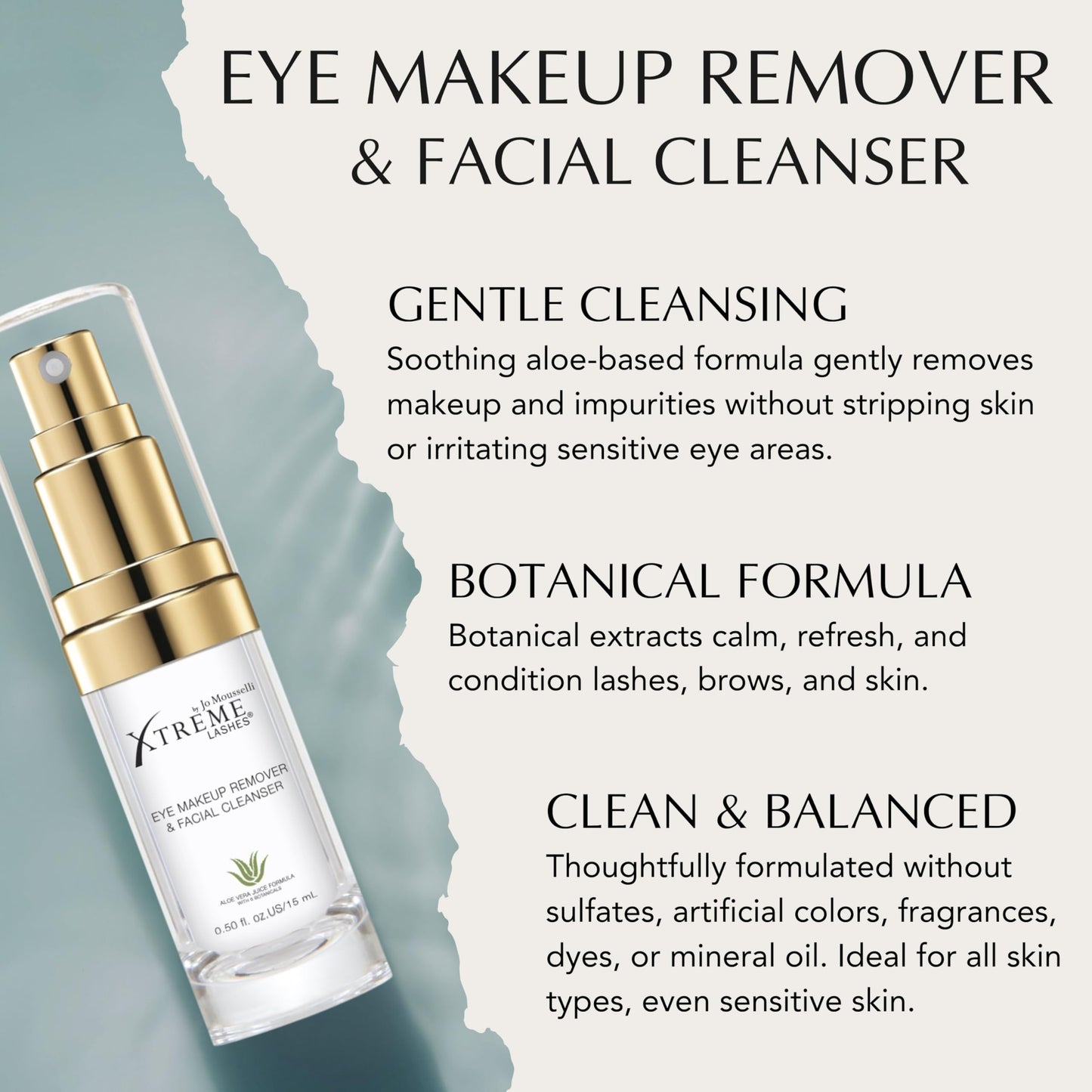 Xtreme Lashes Eye Makeup Remover & Facial Cleanser, 0.5 Fl Oz, Liquid Pump Gentle Face Wash, Lash Extension Safe, with Aloe Vera, Coconut and Botanicals, For All Skin Types