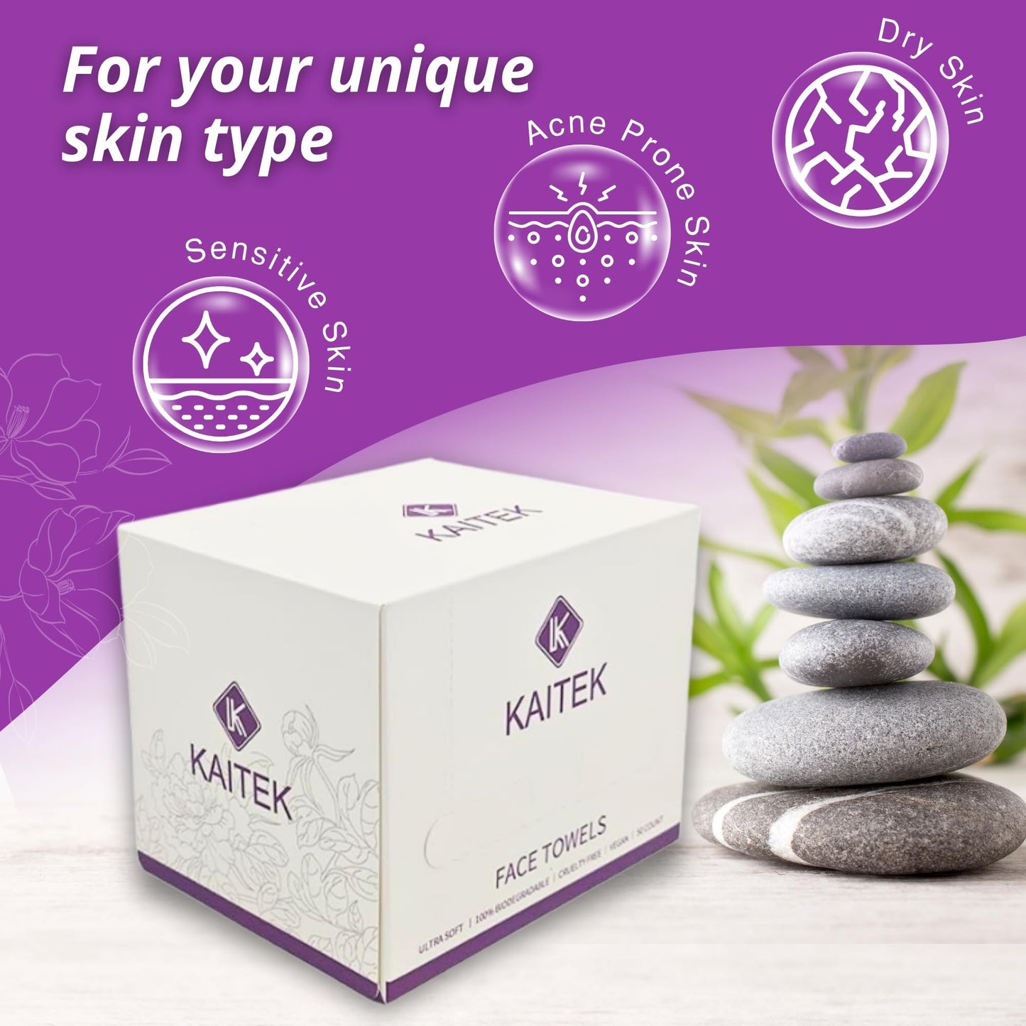 KAITEK Towels XL – 100% Biobased Disposable Face Towels, Ultra Soft Makeup Remover & Cleansing Wipes, Biodegradable, For Sensitive Skin, 50 Count (1 Pack)