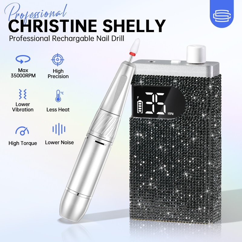 CHRISTINE SHELLY Rechargeable 35000RPM Nail Drill Sparkling Portable Professional Electric Nail File for Acrylic/Gel Nails Professional Nail Tools for Manicure Pedicure, Black Diamond