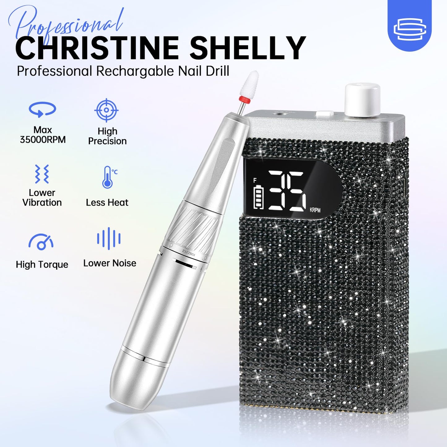 CHRISTINE SHELLY Rechargeable 35000RPM Nail Drill Sparkling Portable Professional Electric Nail File for Acrylic/Gel Nails Professional Nail Tools for Manicure Pedicure, Black Diamond