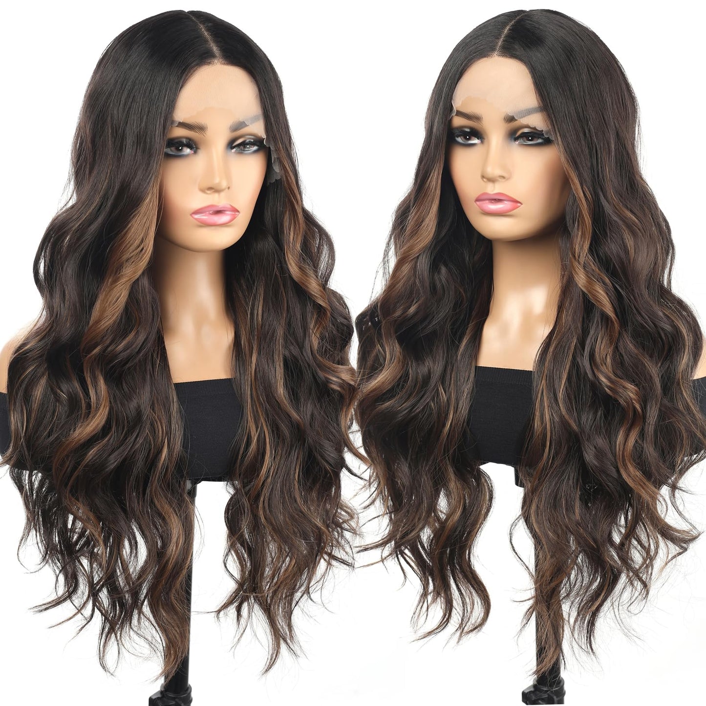 Rallarkrysset Highlight Lace Front Wig 13x4x1 Pre Plucked Ombre Brown Wigs for Women Ready to Wear HD Glueless Natural Long Wavy Wig for Women Middle Part Natural Look