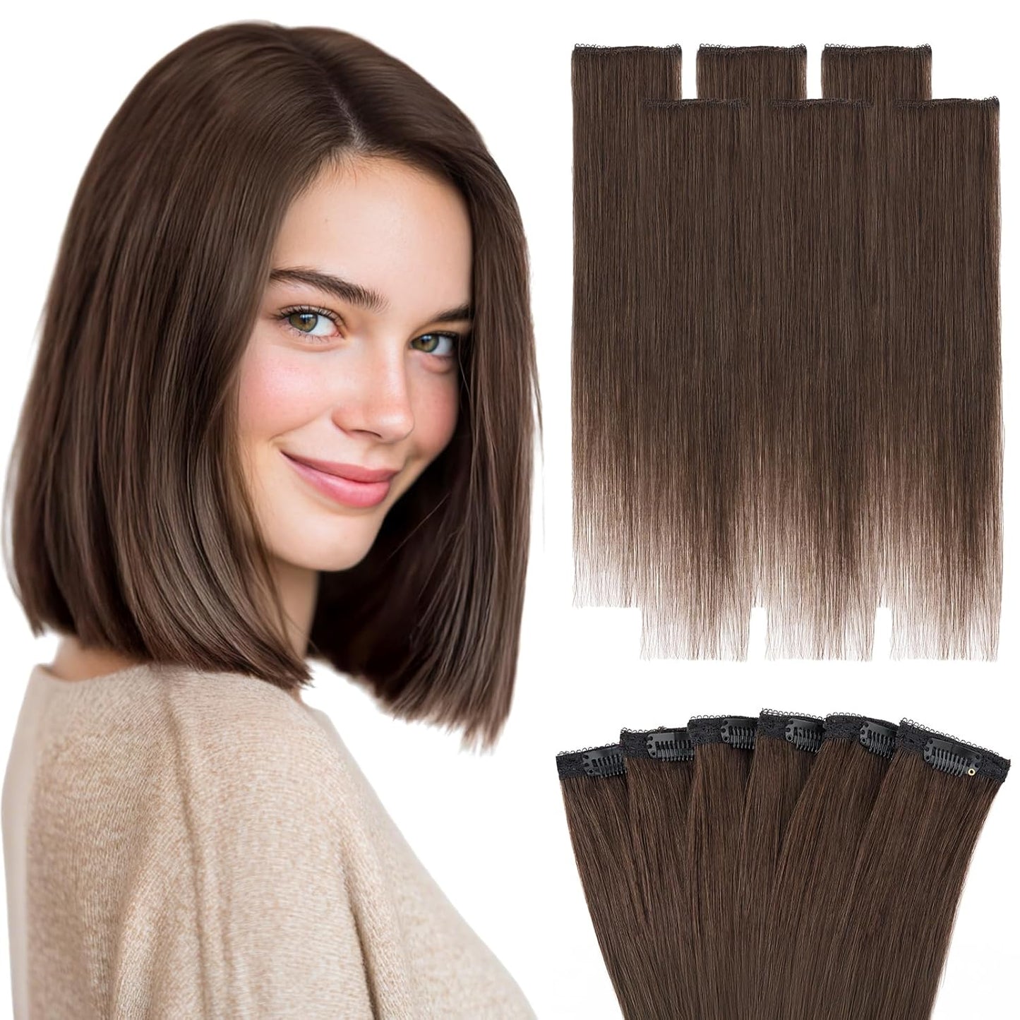 Remy Human Hair Clip-In Extensions - 6PCS Short Hairpieces | 14 Inch #2R Dark Brown, 36g