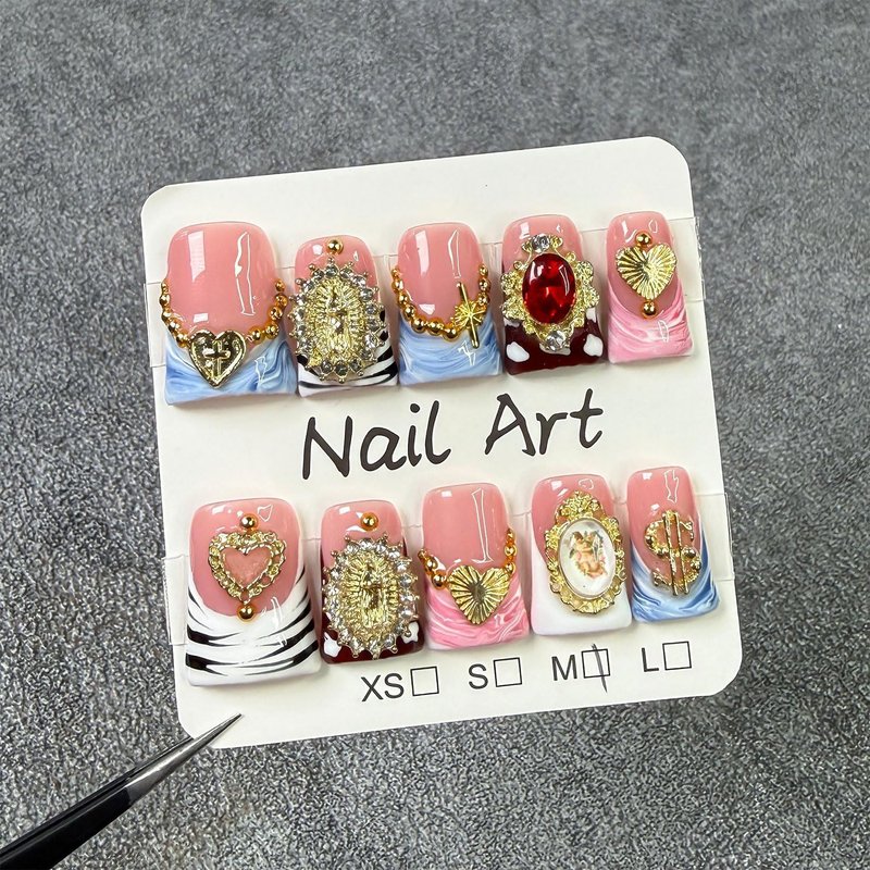 10 Pcs Duck Press on Nails Medium Fake Nails Sea Waves Pink French Tip Handmade False Nails with Glue, with 3D Golden Heart Design Artificial Acrylic Stick on Nails for Women（M）