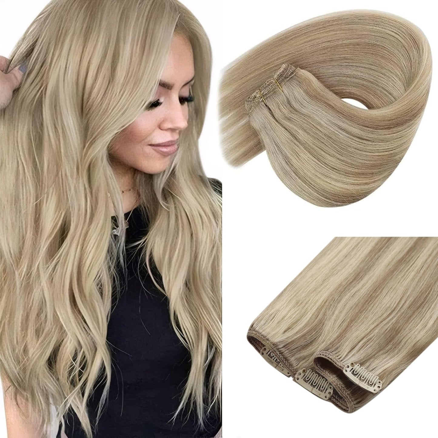 Sunny Hair Clip in Hair Extensions Real Human Hair 85g Remy Hair Clip in Extensions for Women Human Hair Extensions Dark Golden Blonde Highlights Light Blonde 12 Inch