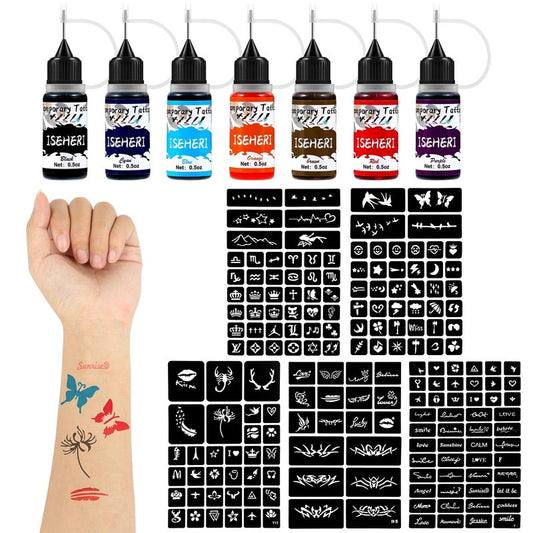 ISEHERI Temporary Tattoo Kit 7 Bottles Color Inks,183 Pcs Stencils Kit for Body Paint DIY Fake Tattoos for Kids(black, brown, red, cyan, Blue, Orange, Purple)