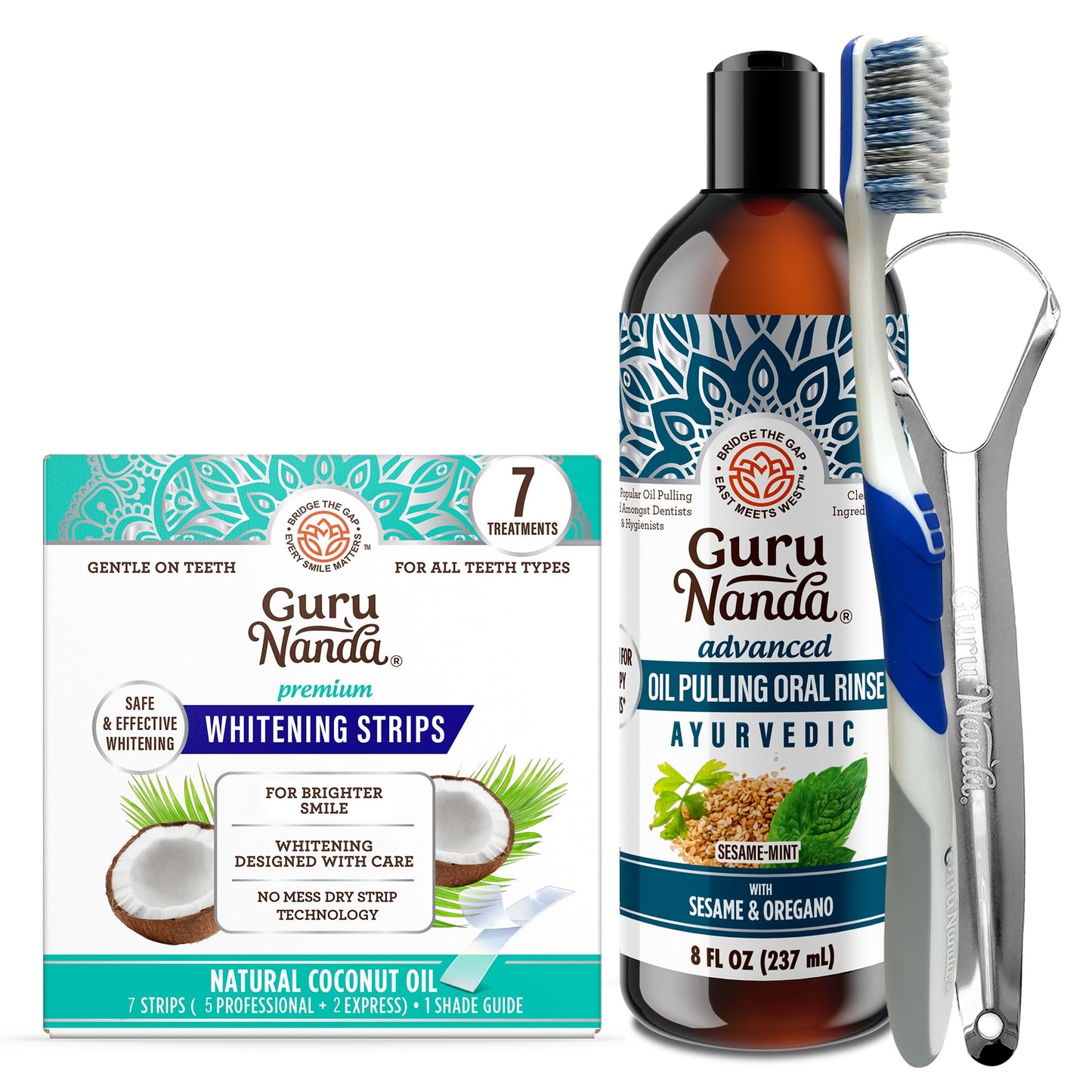 GuruNanda Advanced Oil Pulling with Tongue Scraper & Teeth Whitening Strips - 7 Treatments with 14 Strips - Enamel-Safe Strips for Sensitive Teeth