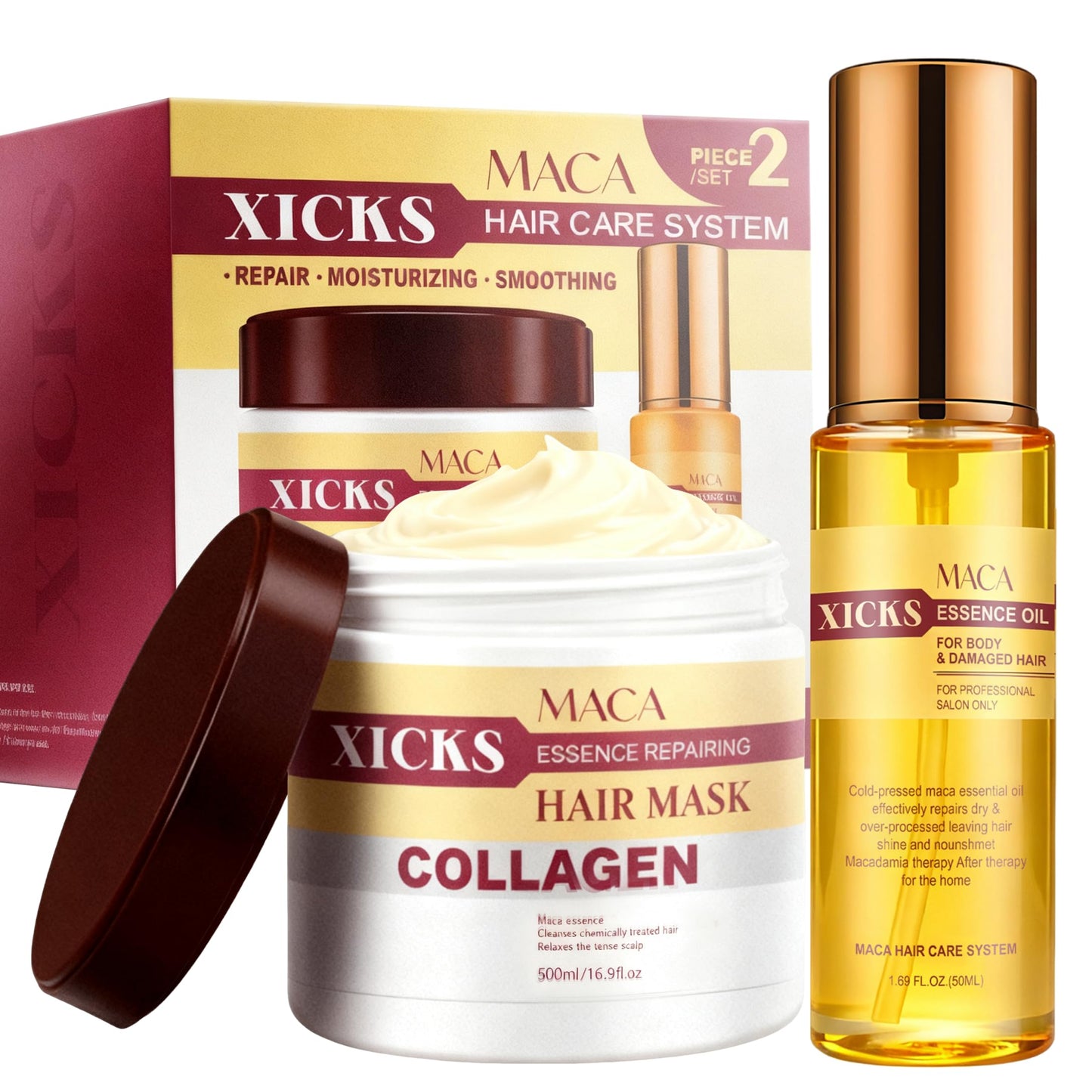 Maca Collagen Argan Oil Hair Mask 500ml & Essence Oil 50ml Set, Deep Treatment for Dry Damaged Hair, Nourishing & Repair for Color Treated, Bleached & Curly Hair, Split Ends & Heat Damage Repair