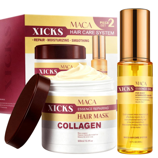 Maca Collagen Argan Oil Hair Mask 500ml & Essence Oil 50ml Set, Deep Treatment for Dry Damaged Hair, Nourishing & Repair for Color Treated, Bleached & Curly Hair, Split Ends & Heat Damage Repair