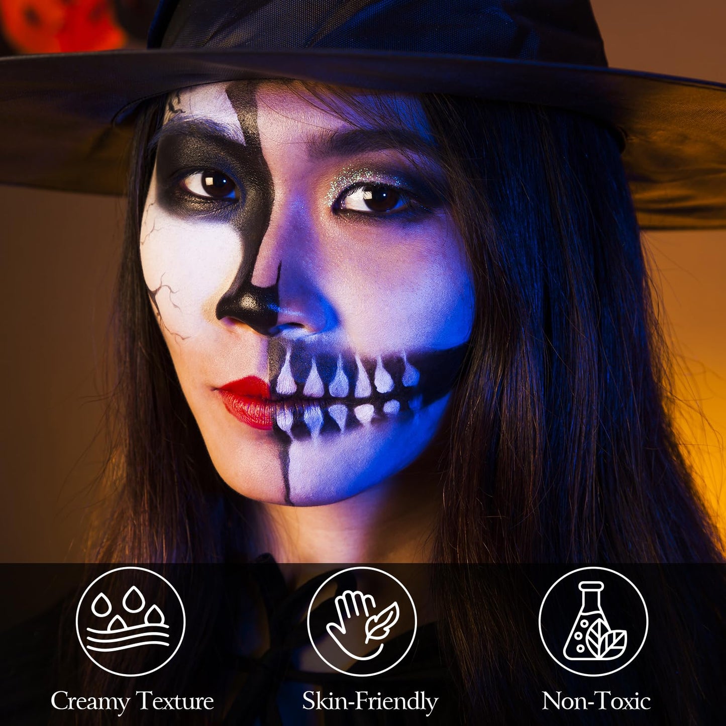 Halloween Makeup Kit for Adult, Black White Red Face Paint for Zombie Skeleton Clown Makeup with 4 Brushes, 2 Sponges, 6 Tattoos, Oil-based Face Painting Kit for Halloween Costume, Theme Cosplay