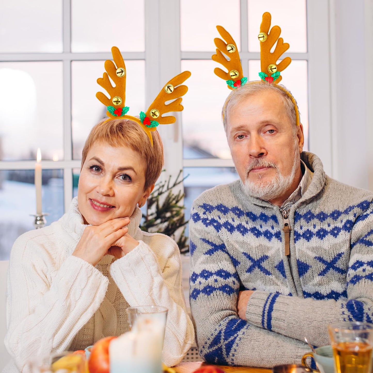 Riceshoot 24 Pcs Christmas Antler Headband Reindeer Headband Deer Plush Ear Antler Hair Hoop Beauty Accessory for Xmas Party(Golden Bell Style)