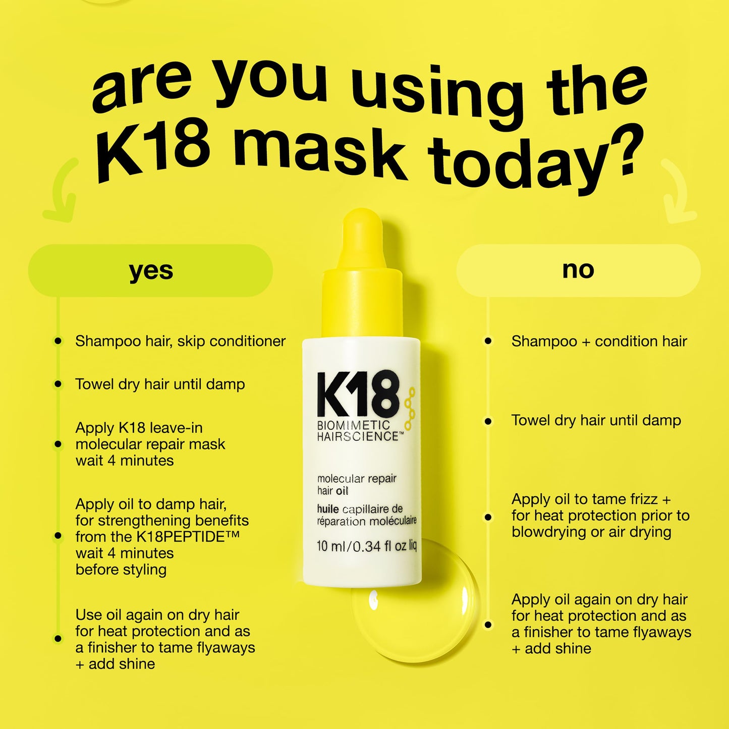 K18 Molecular Repair Hair Oil - Strengthening Peptide Damaged Hair Treatment Oil - 24-Hour Frizz Control + Heat Protectant - Helps Reduce Split Ends + Boost Shine (0.34 Fl oz)