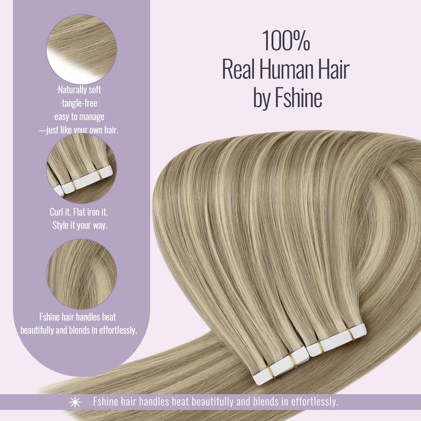 Fshine Tape in Extensions Real Human Hair 12 Inch Ash Blonde Highlighted With Bleach Blonde - Straight Extensions for Short Hair - 20pcs 30g