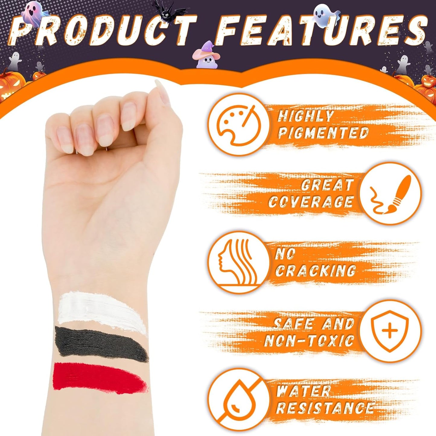 Black & White & Red Face Body Paint Set - Non-Toxic Professional Palette Kit with 3 Brushes for Art, Theater, Halloween, Cosplay | 5.28oz