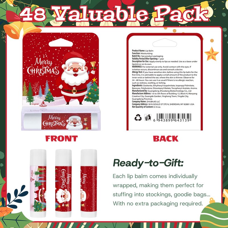 Kuabiz 48 Pcs Christmas Lip Balm Gifts Bulk Cute Stocking Goodie Bags Stuffers 6 Flavors Holiday Small Gifts Xmas Party Supplies Moisturizer Butter Care