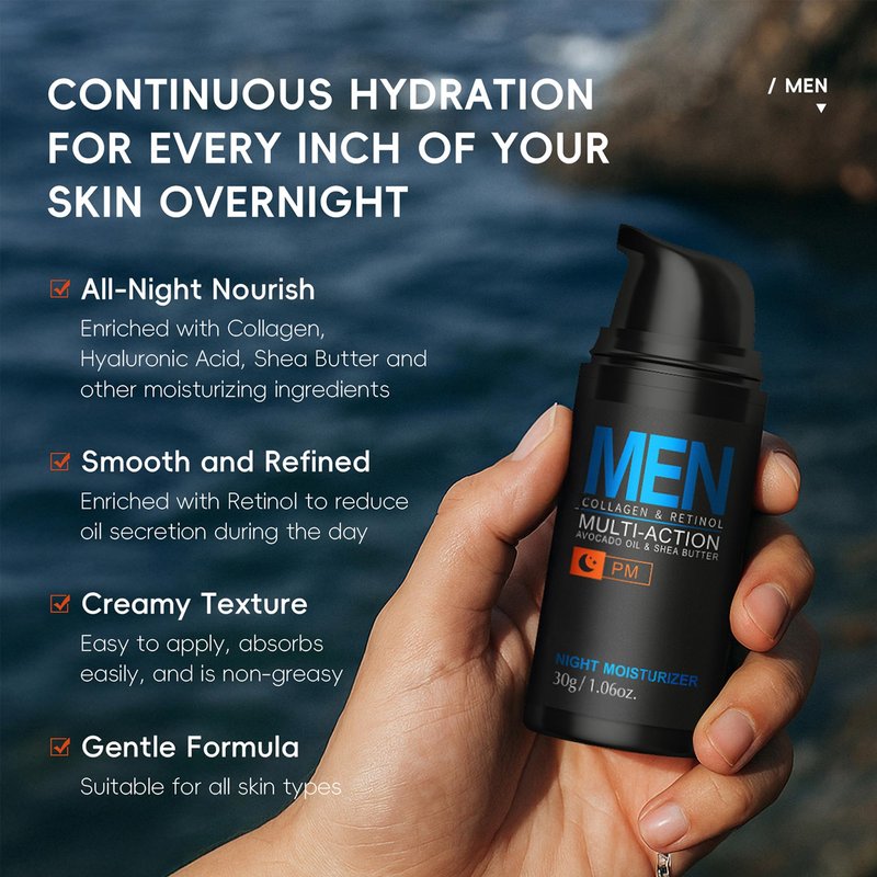 MIESCHER Men Hydrating Night Cream, Daily Moisturizer with Collagen & Retinol, Oil Control, Firm & Lift Hydrating Cream for Face & Body, Reduce Fine Lines, Strengthen Skin Barrier, 1.06 oz.