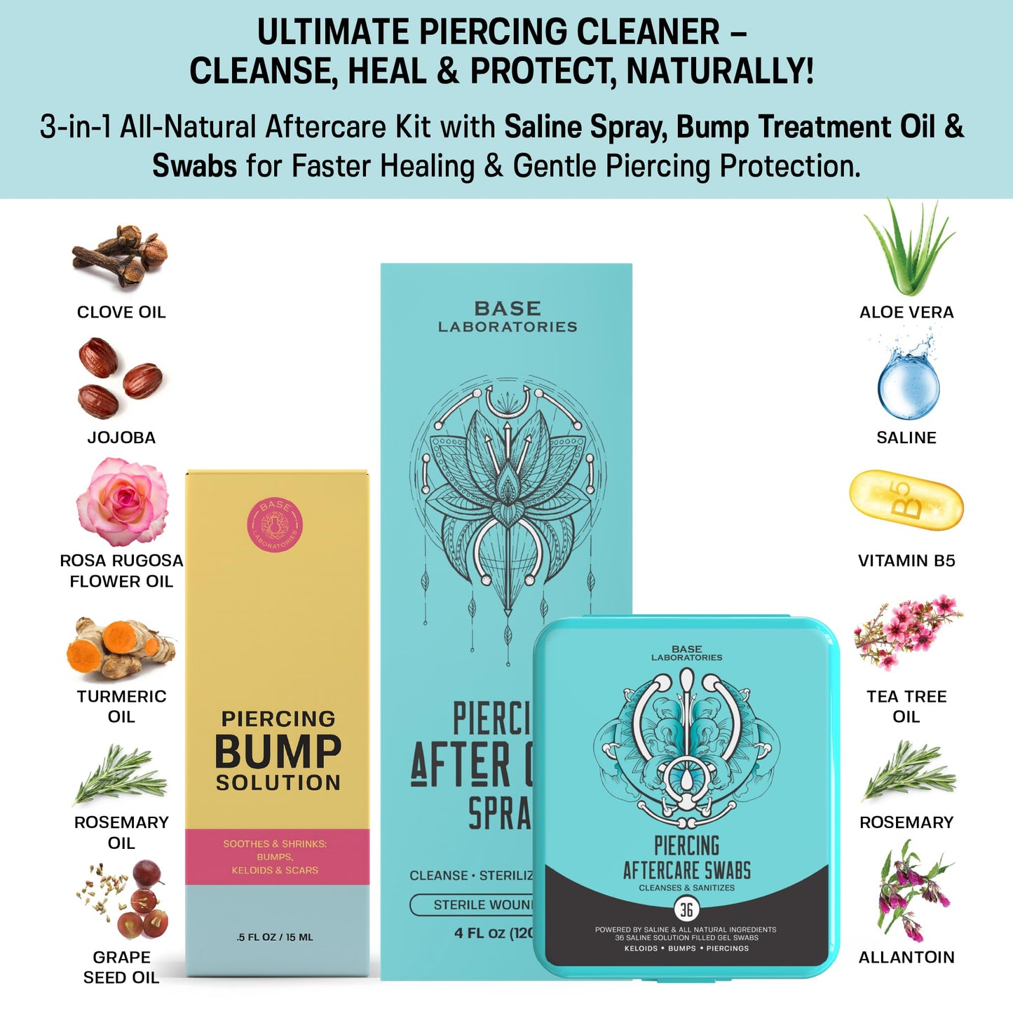 BASE LABORATORIES Ultimate Healing Piercing Aftercare Kit | Piercing Aftercare Spray + Keloid Piercing Bump Treatment Oil + Piercing Cleaner Swabs | Keloid Bump Removal - Saline Solution for Piercings