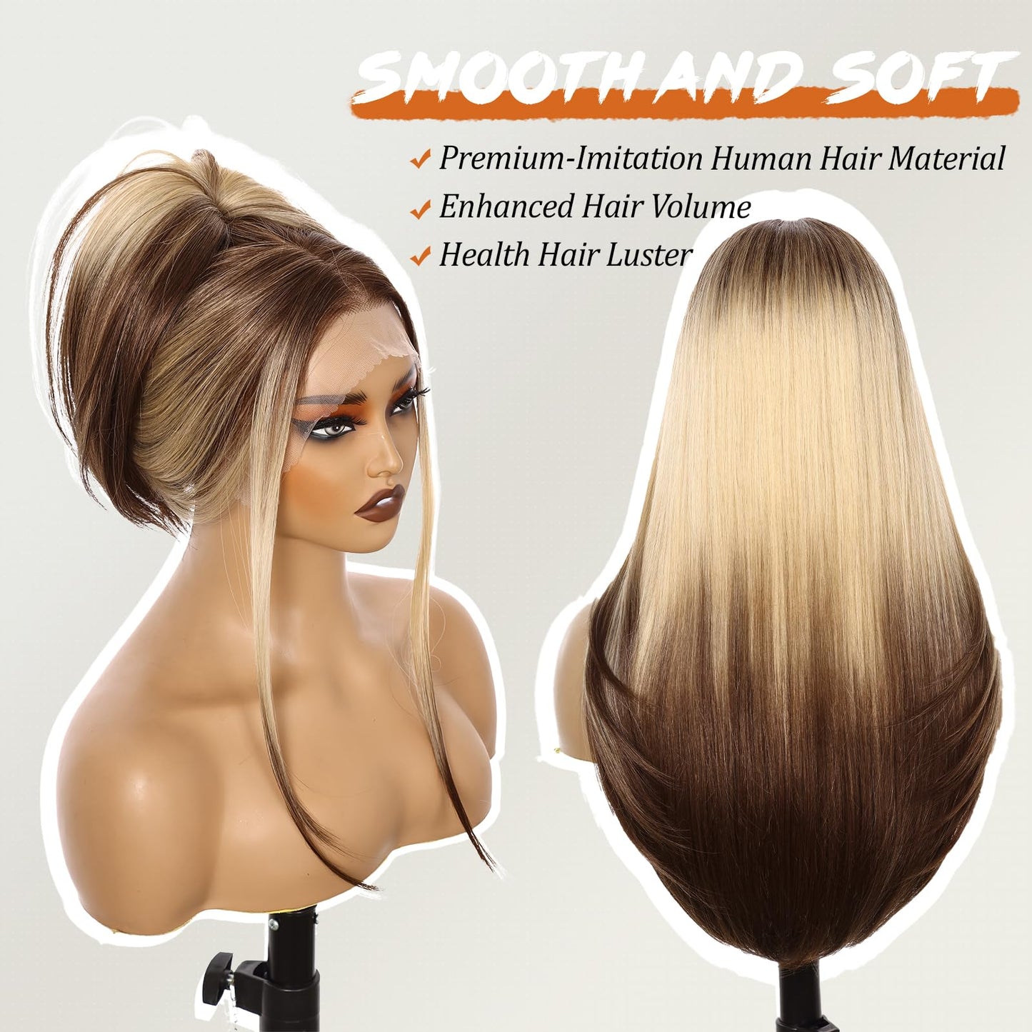 Worldnewhair Blonde to Brown Ombré Siamese Cat Style Synthetic Wig 26 Inch - 13x4 HD Lace Front Wigs for Women, Pre Plucked Pre Cut Long Straight Heat Resistant Fiber Pre-styling Hair for Daily